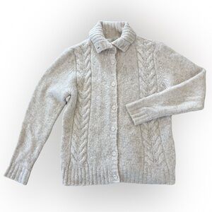 LL Bean Wool Blend Cable Knit Cardigan Womens Large Cream Tan Chunky Fisherman